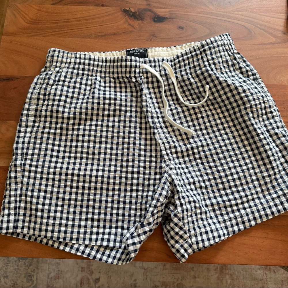 Todd Snyder Navy and White Gingham Swim Trunks